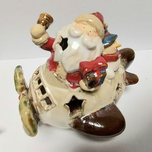 Whimsical Santa and Snowman in Plane Votive Tea Light Candle Holder